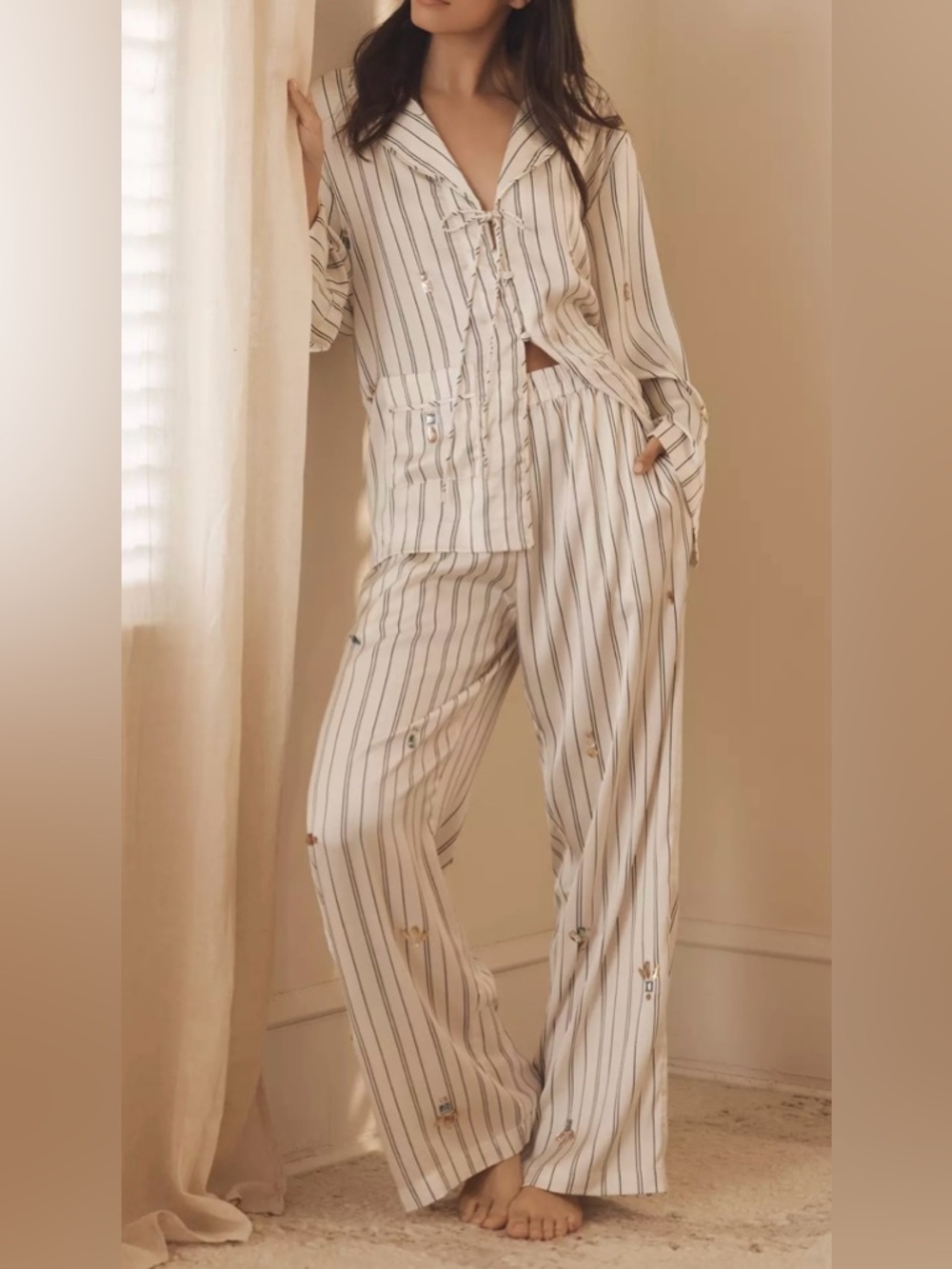 Anthropologie Silky Bejeweled Pajama Bottoms Size Medium